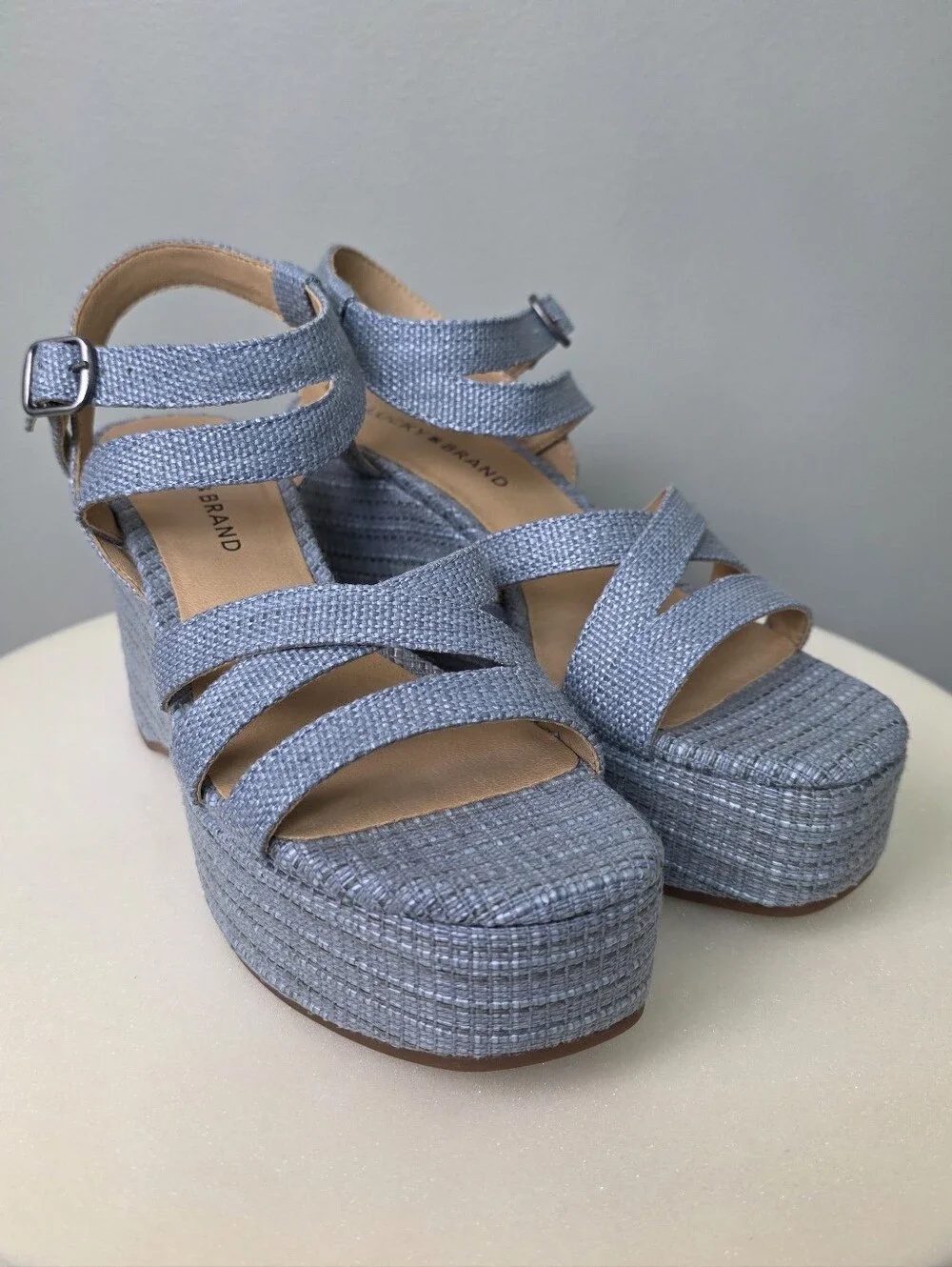 Lucky Brand LK-Carlisha Gray Blue Lead Vada Woven Platform Wedge Sandals 7.5 NIB